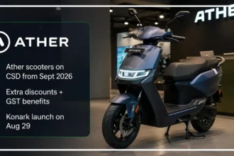 An Ather electric scooter displayed at a dealership after its approval for sale through the CSD platform.