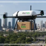 A Zipline drone carrying a food delivery package for an Uber Eats order.