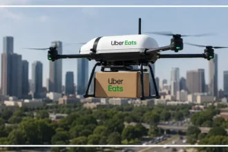 A Zipline drone carrying a food delivery package for an Uber Eats order.