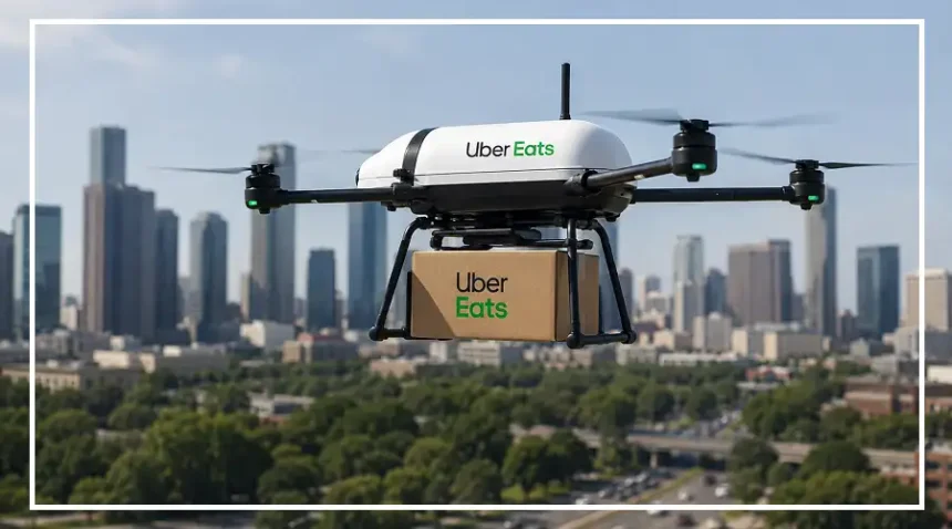 A Zipline drone carrying a food delivery package for an Uber Eats order.