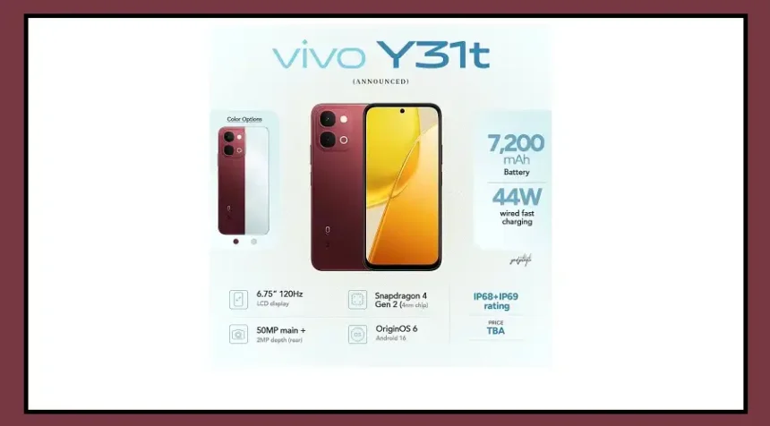 The Vivo Y31t 5G smartphone in Mint Green and Ruby Red showing its rear camera and display.