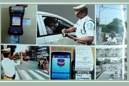 Traffic official using a digital payment machine for an on-the-spot challan payment in Himachal Pradesh