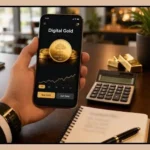 Digital gold investment shown on a smartphone with physical gold coins