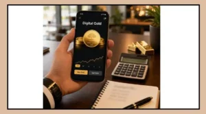 Digital gold investment shown on a smartphone with physical gold coins
