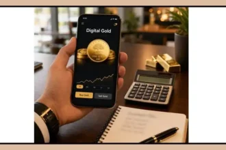 Digital gold investment shown on a smartphone with physical gold coins
