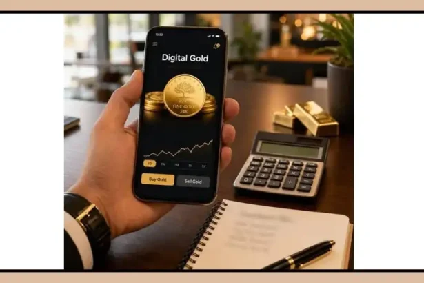 Digital gold investment shown on a smartphone with physical gold coins