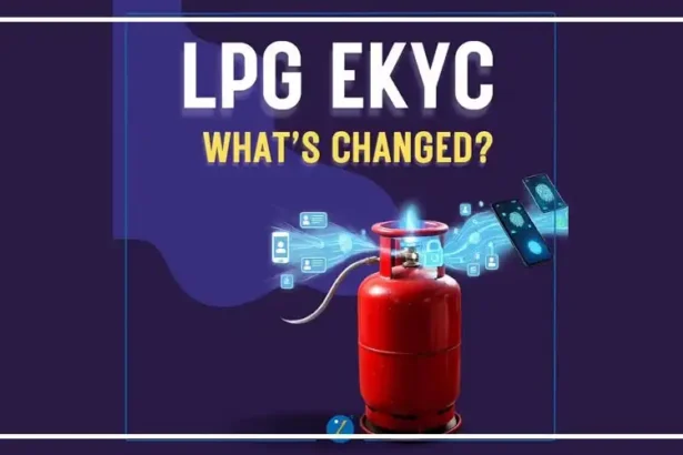 Customer completing Aadhaar biometric e-KYC for an LPG gas connection