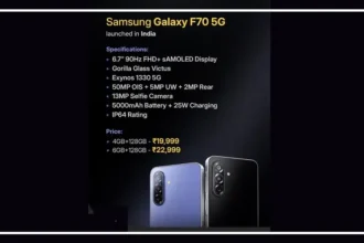 Samsung Galaxy F70 5G smartphone showing its display and rear camera design