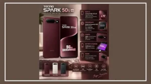 Tecno Spark 50S 5G smartphone in Burgundy Red showing its rear camera design