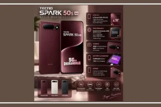 Tecno Spark 50S 5G smartphone in Burgundy Red showing its rear camera design