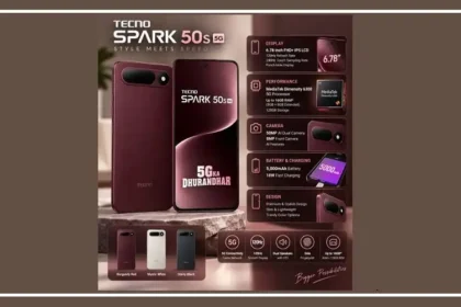 Tecno Spark 50S 5G smartphone in Burgundy Red showing its rear camera design