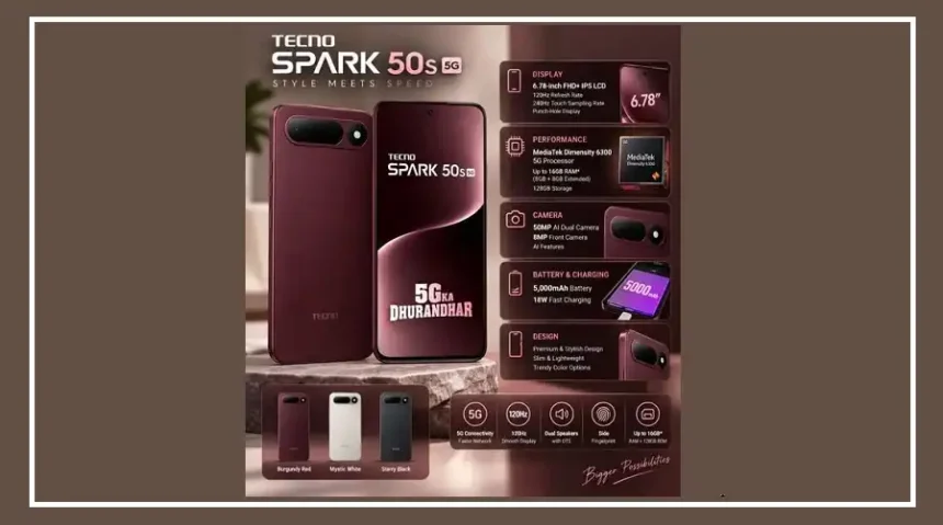 Tecno Spark 50S 5G smartphone in Burgundy Red showing its rear camera design