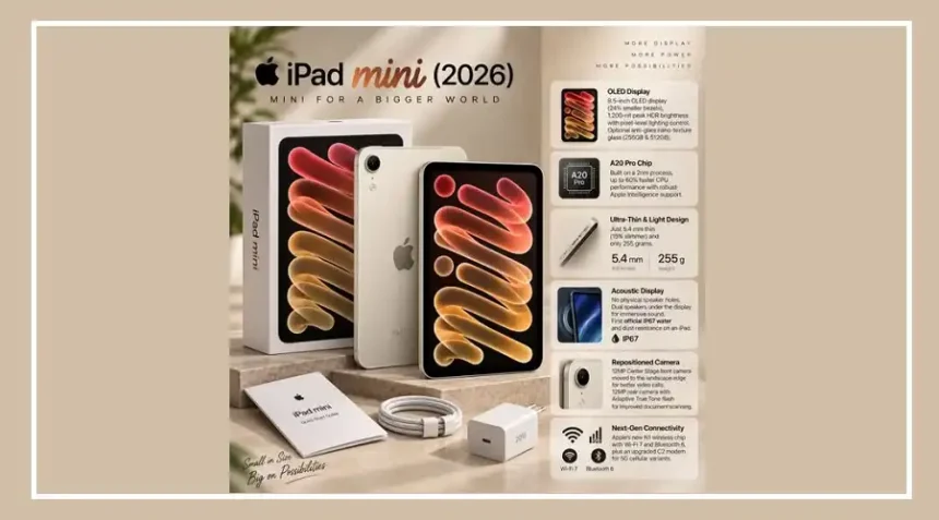 Apple iPad mini 2026 featuring an 8.5-inch OLED display and A20 Pro chip